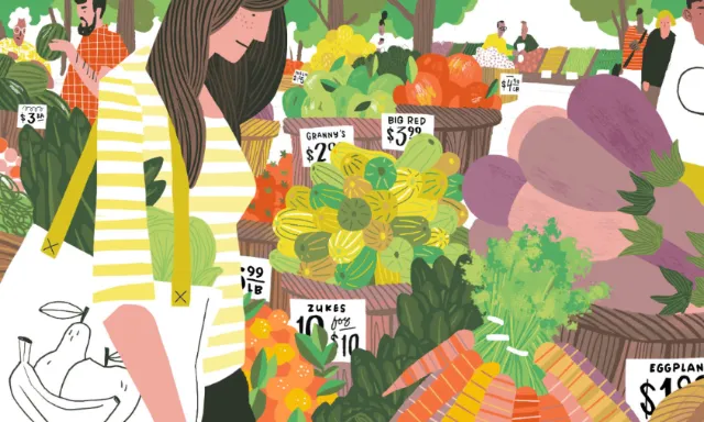 Woman with tote bag shopping at a vibrant farmer's market by Drew Bardana