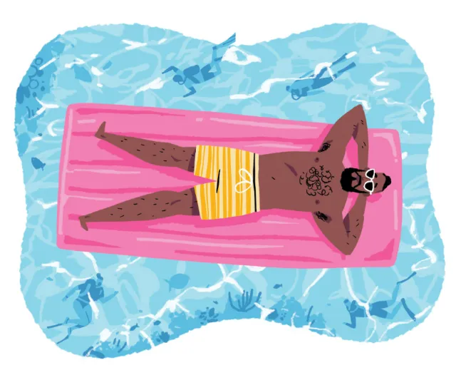 Man relaxing on pink float in clear blue pool water wearing sunglasses