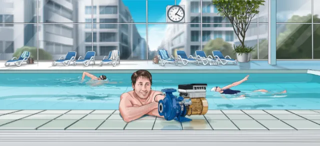 A man holding an underwater camera at poolside with swimmers in indoor pool by Björn von Schlippe