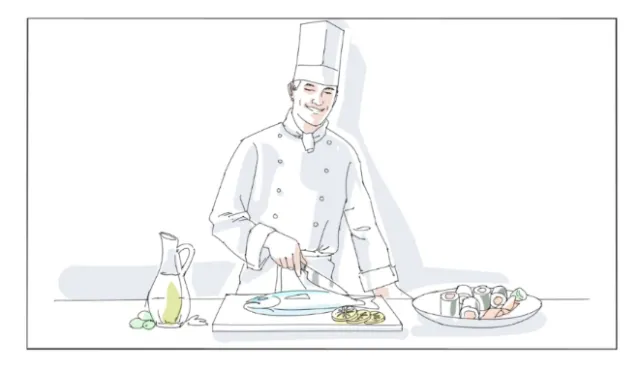 Chef slicing food on cutting board with dishes and ingredients by Björn von Schlippe