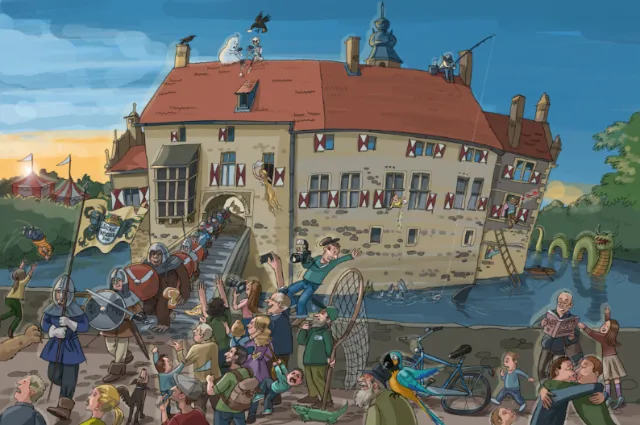 Medieval castle siege scene with soldiers and villagers by a river, artwork by Björn von Schlippe