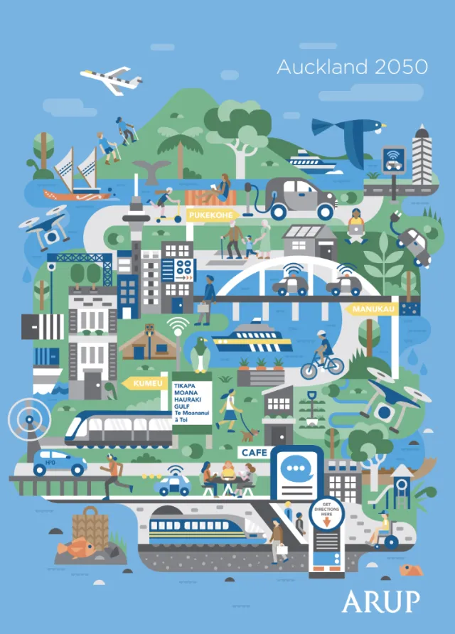 Futuristic Auckland 2050 cityscape with transport and green spaces by Greg Straight