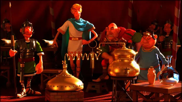 Medieval market puppet scene with brass vessels and characters, by RIVE GAUCHE