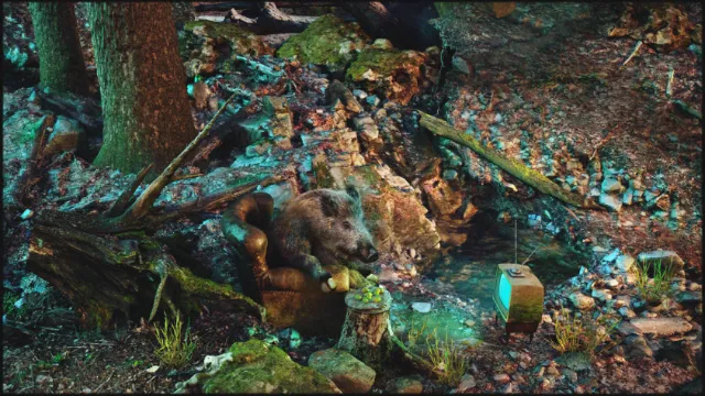 Miniature woodland scene with animals and stream, art by RIVE GAUCHE