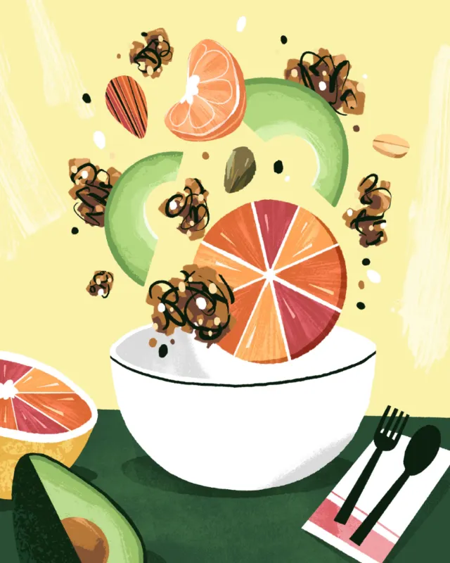 Illustration of avocado, citrus, and granola in a bowl by Drew Bardana