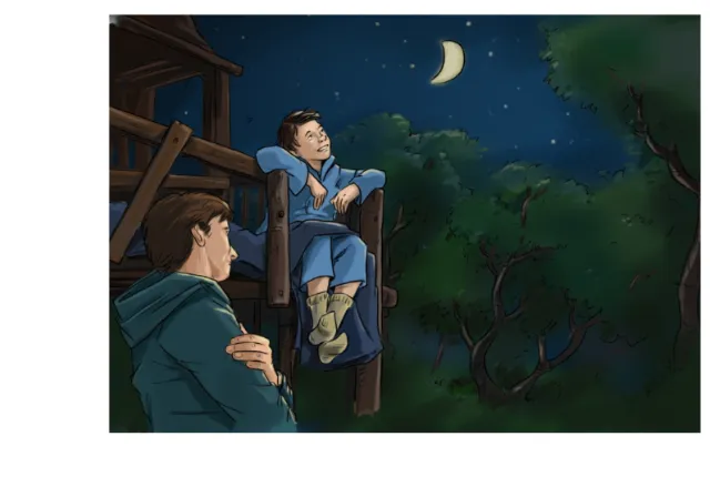 Loose illustration of boy watching moon