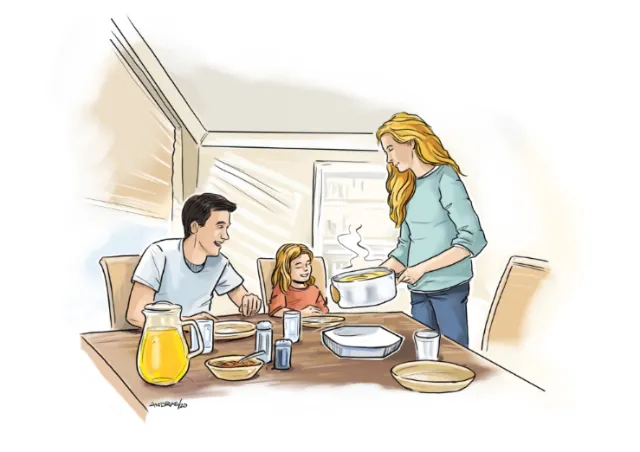 Loose illustration of family at dinner