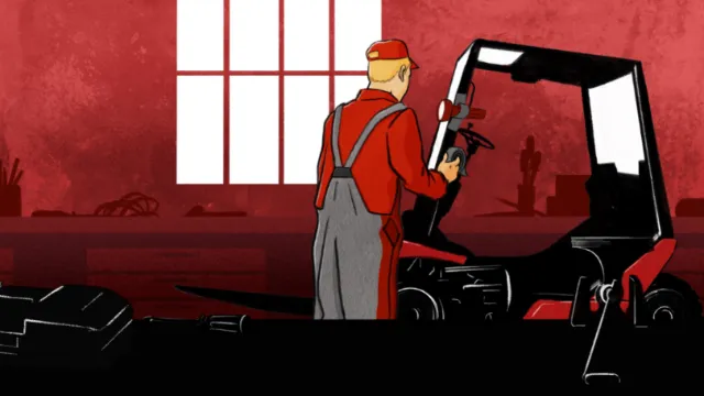 Worker repairing black golf cart indoors by artist Rino Pelli