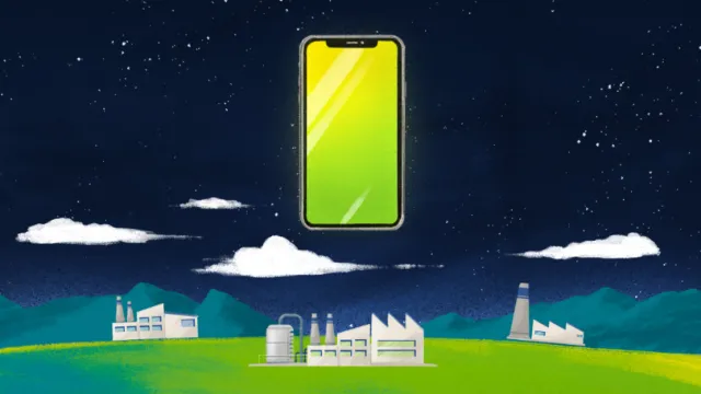 Glowing smartphone floating over industrial buildings at night by Rino Pelli