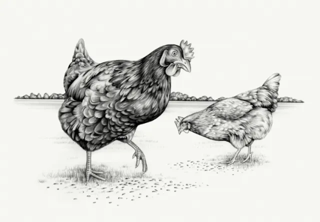 Hens eating seeds pencil art by Lauren Mortimer