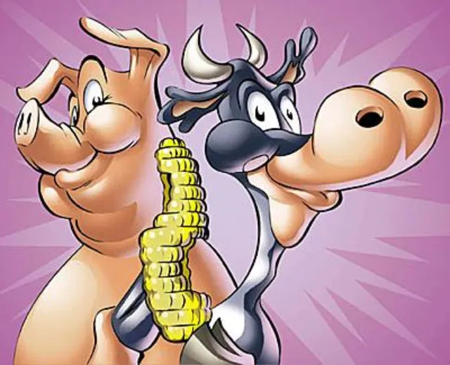 Cartoon pig and cow sharing corn with happy expressions by Carsten Mell