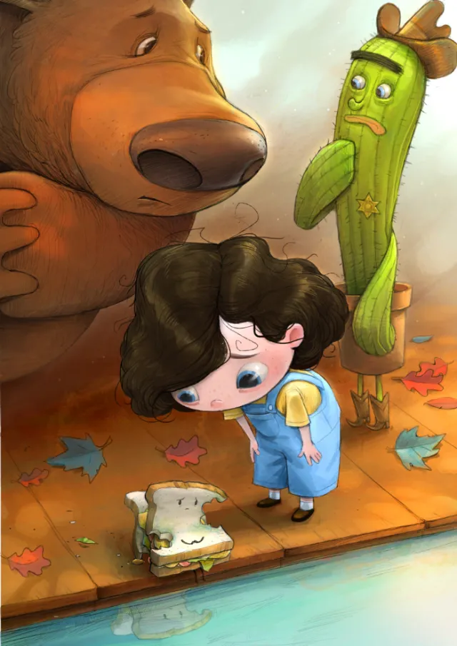 Children illustration of bear and girl
