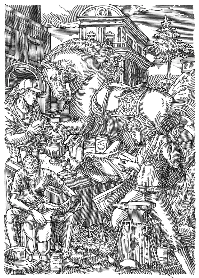 Sketch art of saddle making for horse