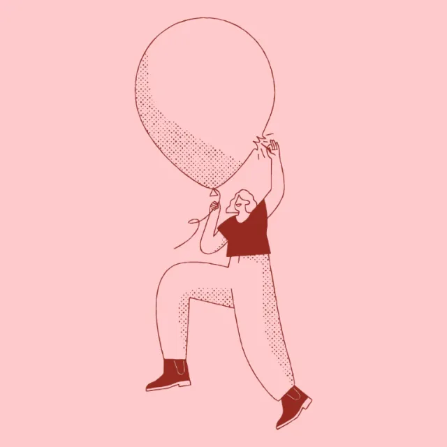 People woman blasting balloon
