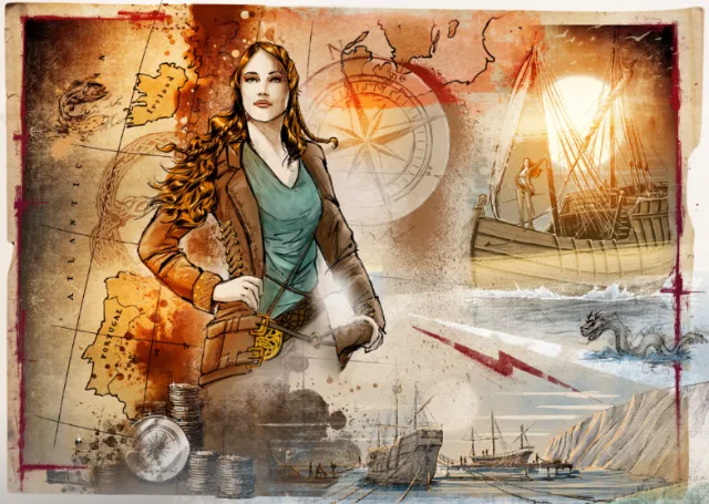 Illustration of woman, historical ships, and map by Jan Meininghaus
