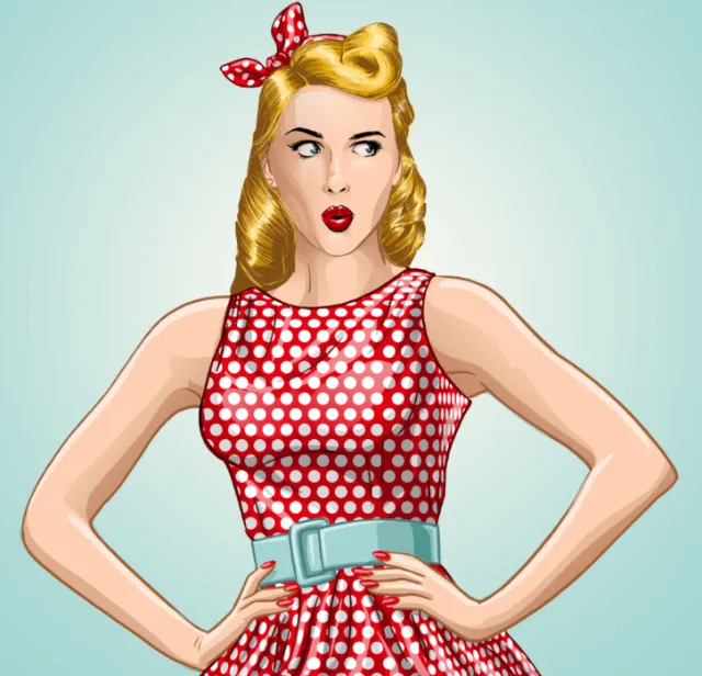 Retro woman in red polka dot dress with blue belt and bow by Jan Meininghaus