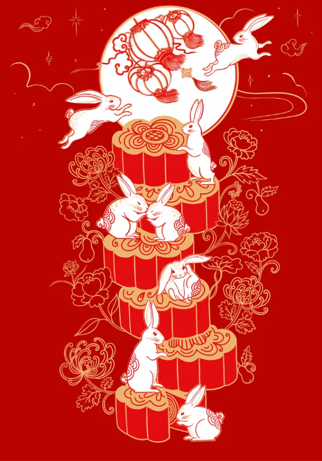 Mid Autumn Festival scene with rabbits and mooncakes by Chrissy Lau