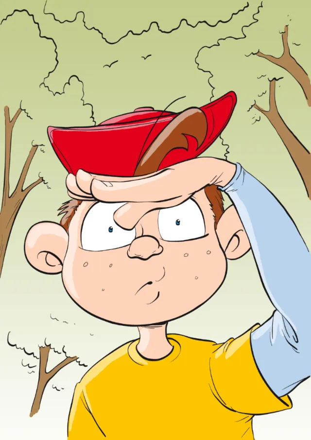 Cartoon boy in red hat shielding eyes from sun by Carsten Mell