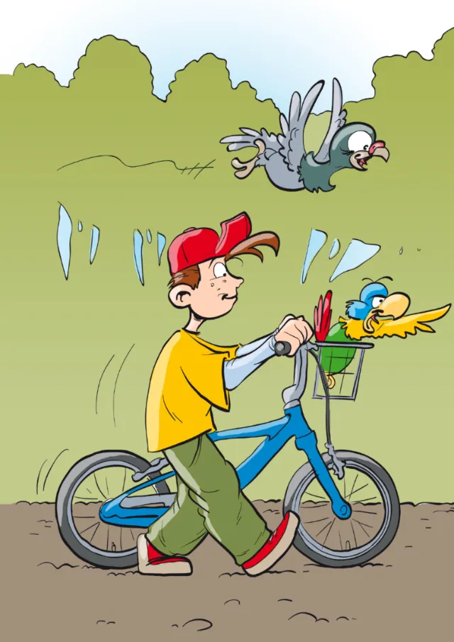 Boy feeding birds while walking bike in park by Carsten Mell