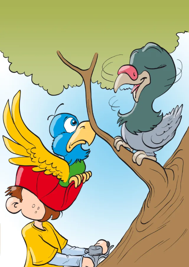 Cartoon boy with bird hat talks to cheerful grey bird on tree by Carsten Mell