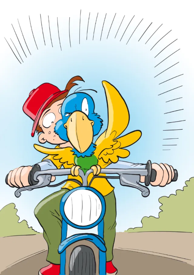 Boy riding motorcycle with a yellow parrot holding the handlebars, by Carsten Mell