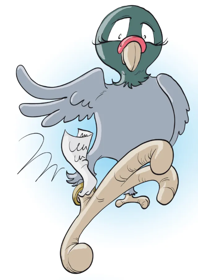 Cartoon pigeon holding a letter on a branch by Carsten Mell