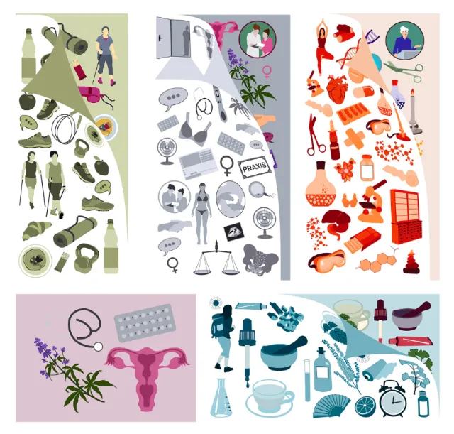 Illustration of five panels with icons on health, law, wellness, medicine by Martha von Maydell