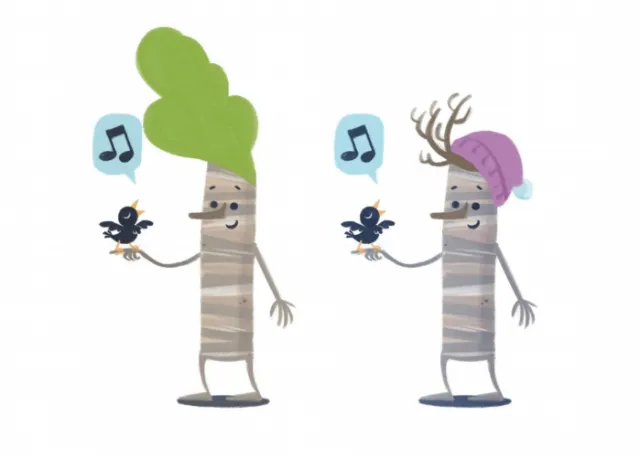 Two cartoon trees singing with birds, by Rino Pelli