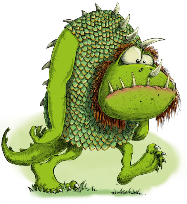 Illustration of a large green miserable monster by Sholto Walker