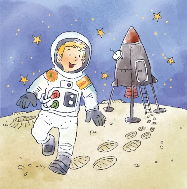 Cartoon & Humour boy astronaut running on moon