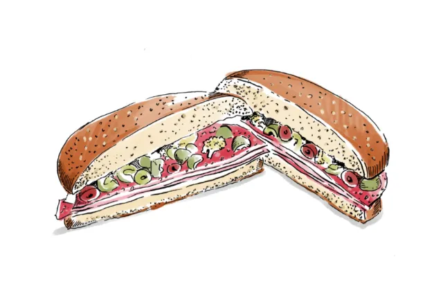 Sandwich cut in half with vegetables and fillings by May van Millingen
