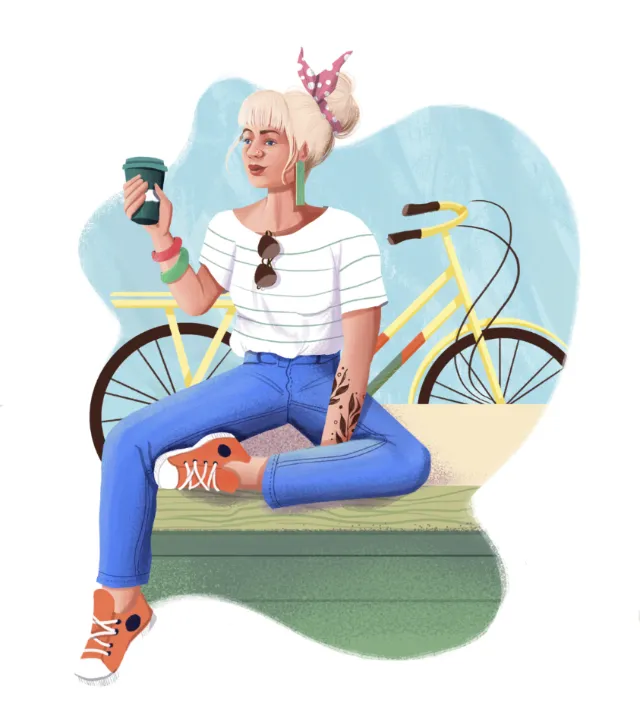 Woman with coffee cup sitting next to yellow bicycle by Andressa Meissner