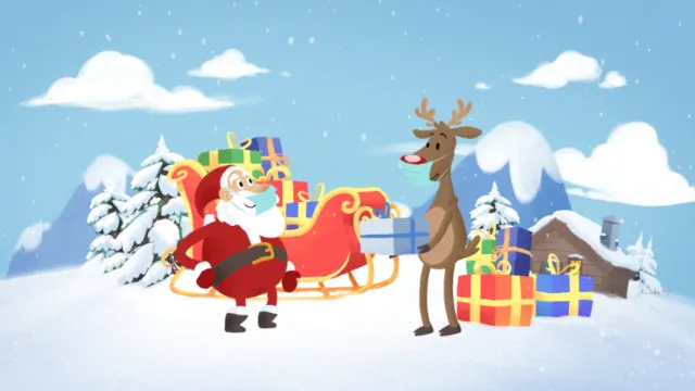 Santa Claus and reindeer with gifts in snowy winter scene by Rino Pelli