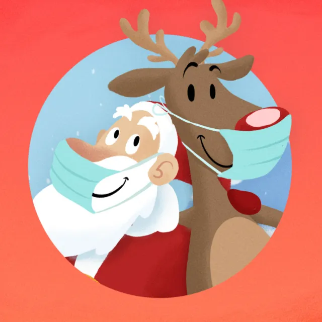 Santa Claus and reindeer wearing face masks, illustration by Rino Pelli