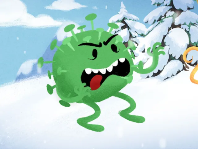 Angry green virus cartoon character in snowy landscape by Rino Pelli