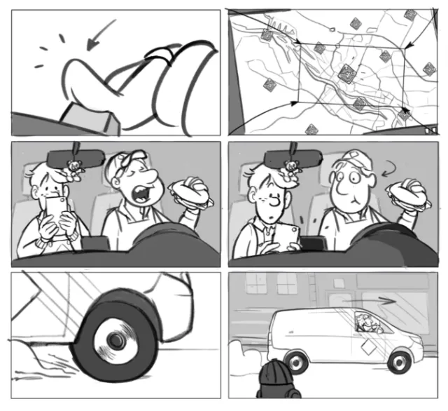 Black and white comic strip showing van's journey and passengers talking, by Rino Pelli