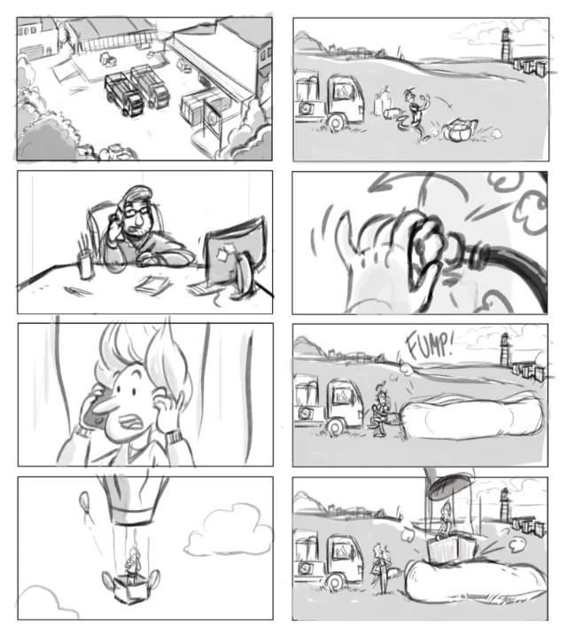 Comic strip showing car problems and a hot air balloon by Rino Pelli