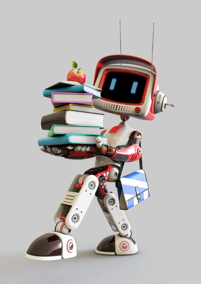 3d cgi robot with books