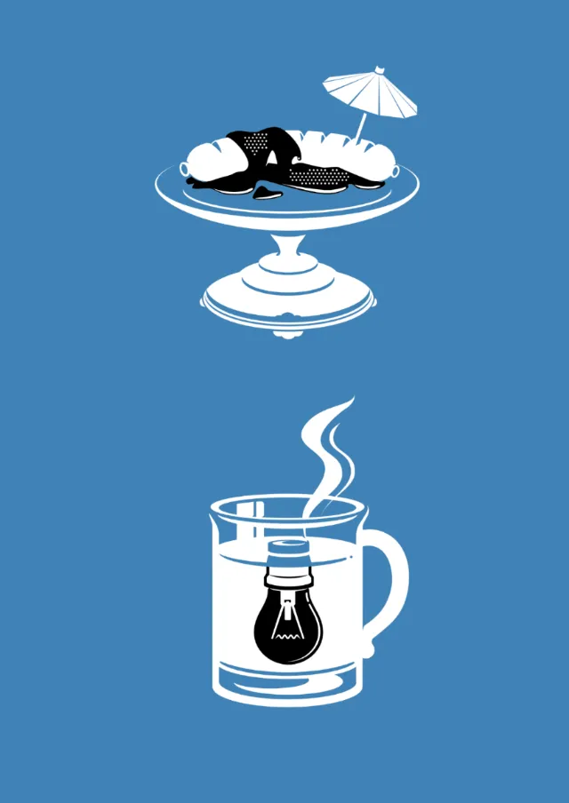Sleeping panda under umbrella on floating plate above steaming tea cup with lightbulb by Tobias Wand