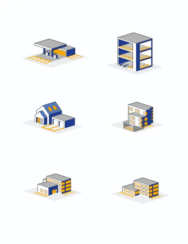 Isometric building icons including warehouse, shop, house, and office by Tobias Wandres