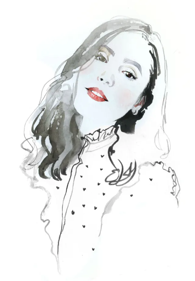 Watercolor portrait of a woman with curly hair and patterned dress by Jessine Hein