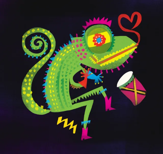 Colorful chameleon illustration by Lee Hodges with a curled tail and geometric patterns