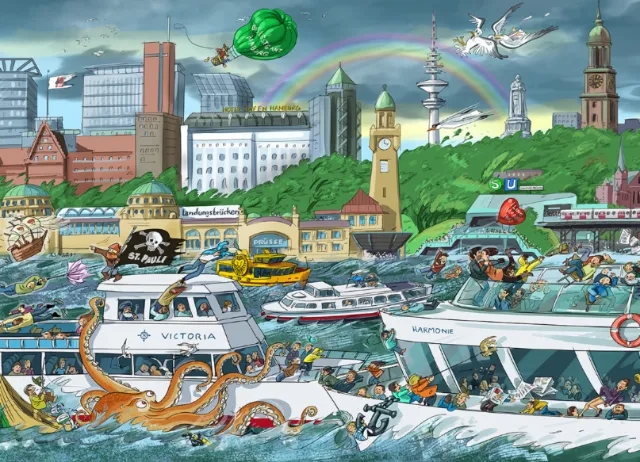 Busy harbor scene with boats, sea creatures, and cityscape by Björn von Schlippe