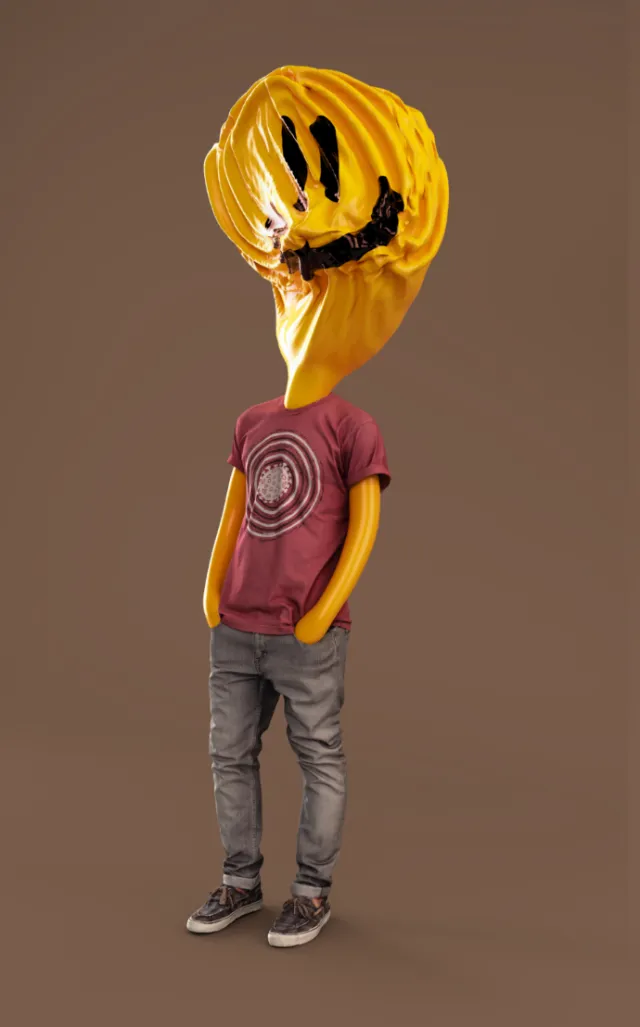 Surreal figure with smiley face balloon head wearing casual clothes by Mark Gmehling