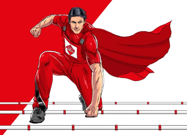 Male superhero athlete in red suit starting hurdle race by Andreas Schickert