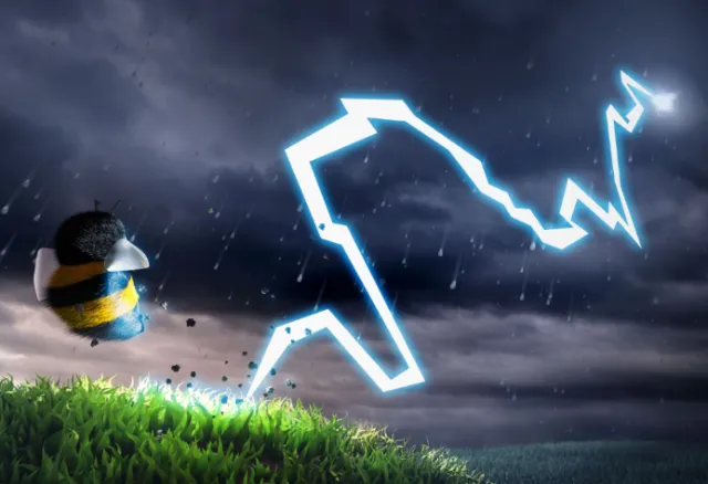 Bee struck by bright lightning bolt during stormy night by Carsten Mell