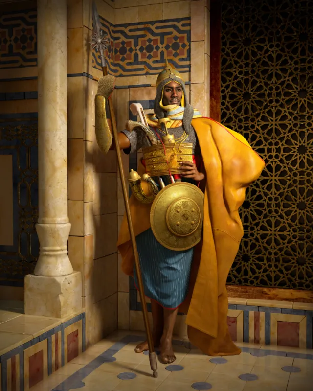 Ancient guard holding spear and shield in ornate hall by RIVE GAUCHE