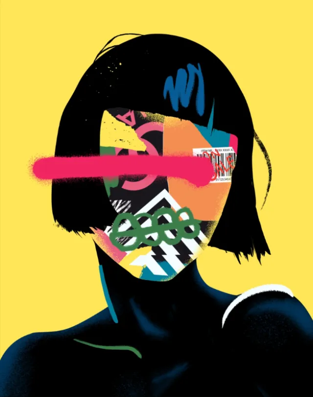 Abstract portrait with colorful collage face by Andy Gellenberg