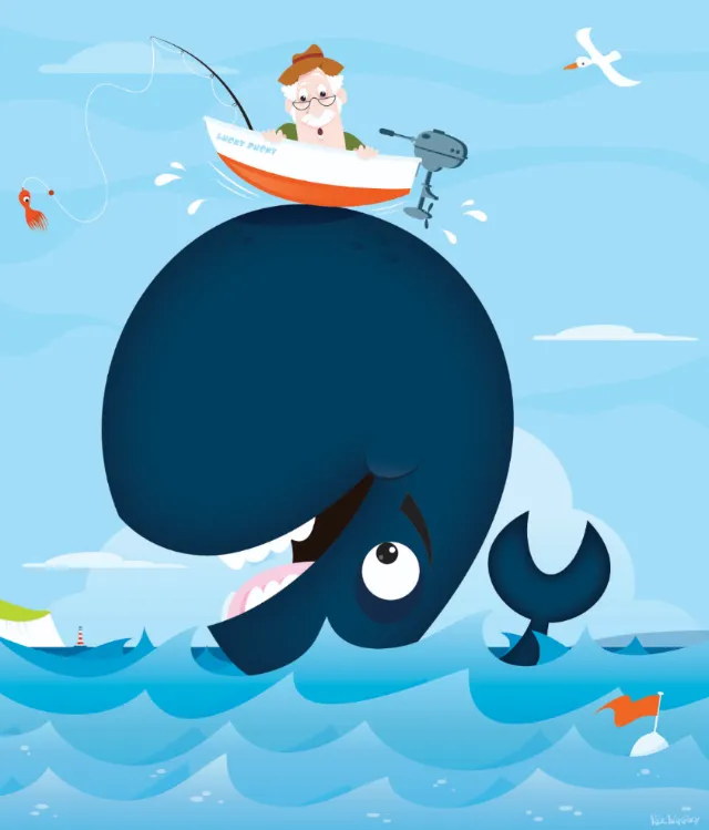 Graphic art of boat on whale head
