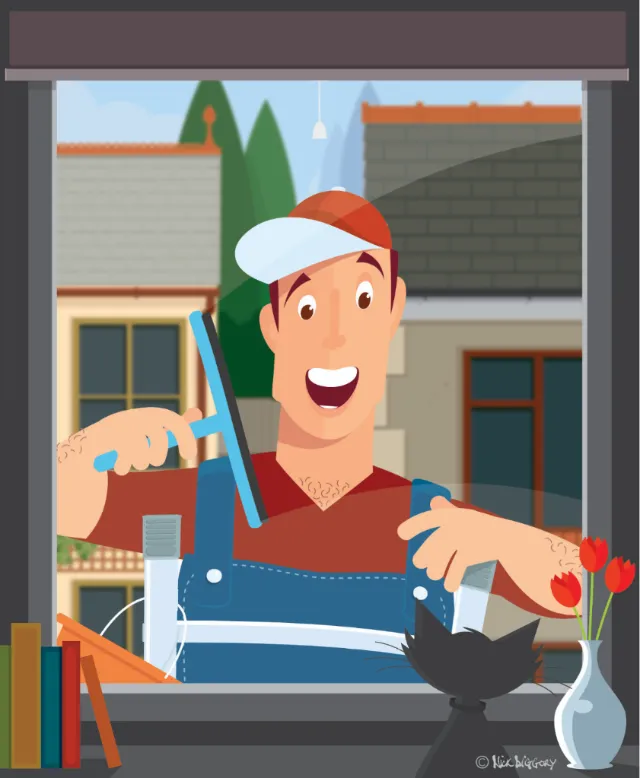 Graphic art of man cleaning windows